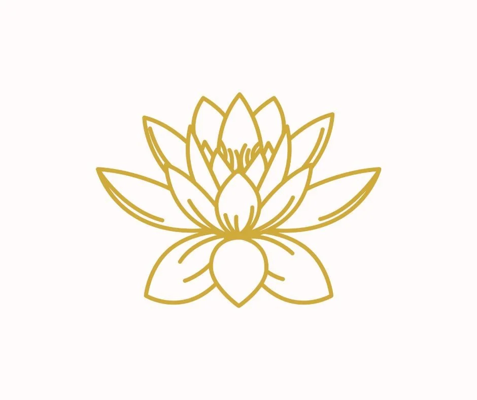 Golden outline of a lotus flower on a white background.