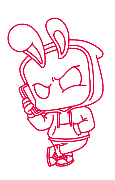 Cartoon character with rabbit ears talking on a cell phone, wearing a hoodie and sneakers.