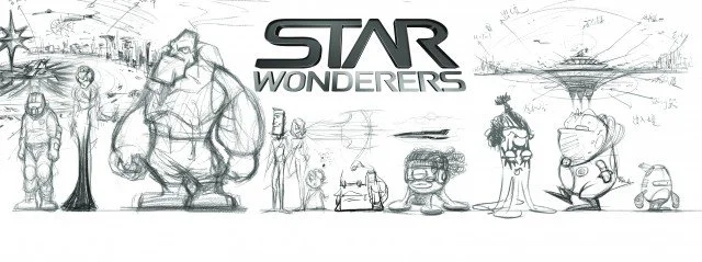 A black and white sketch of characters and scenes from Star Wars with the text 'Star Wonderers' in the center.