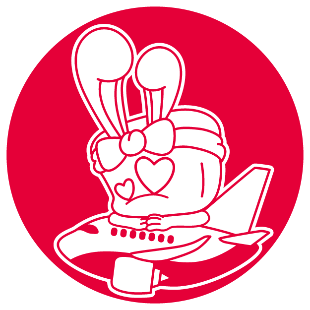 Cartoon character with bunny ears and a bowtie riding on an airplane, with hearts on its face, set against a red circular background.