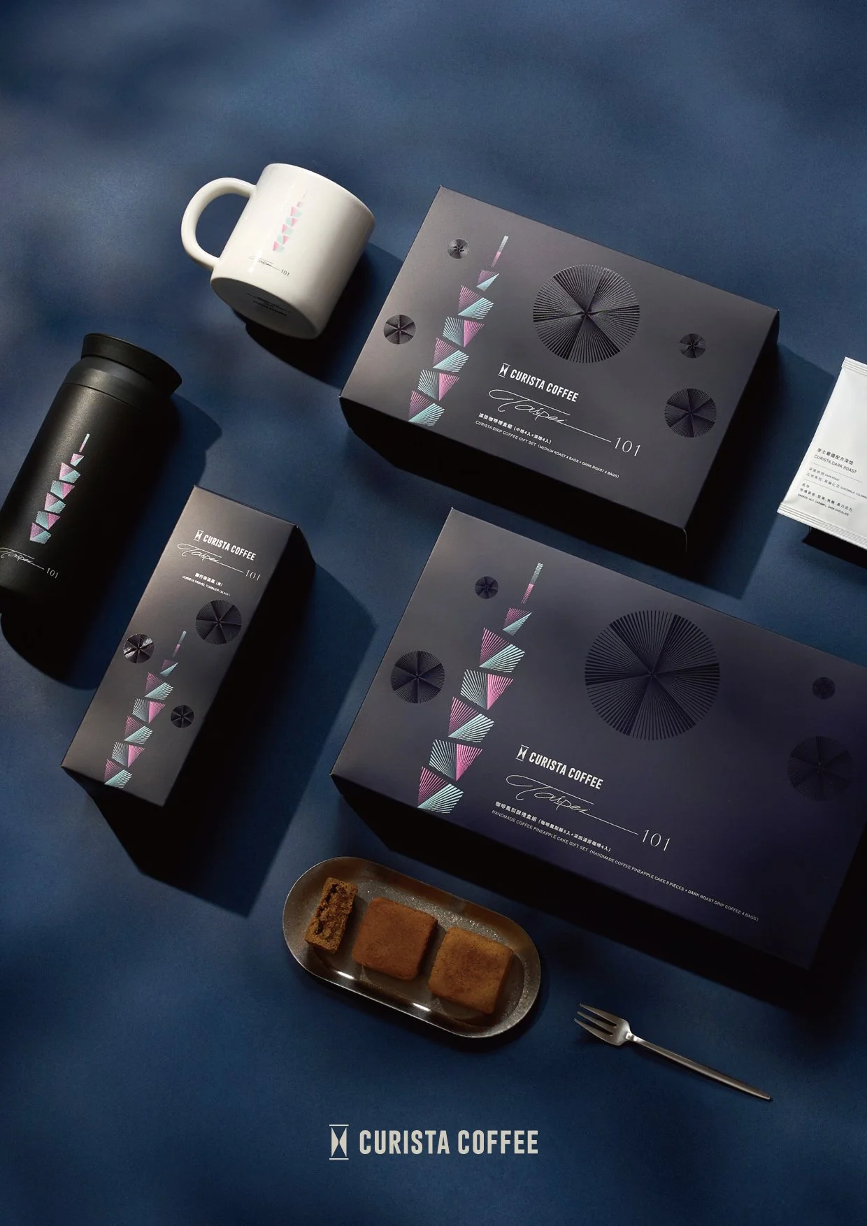 Panels of Curista Coffee products, including packaging and a mug, on a blue surface, with some cookies and a fork.