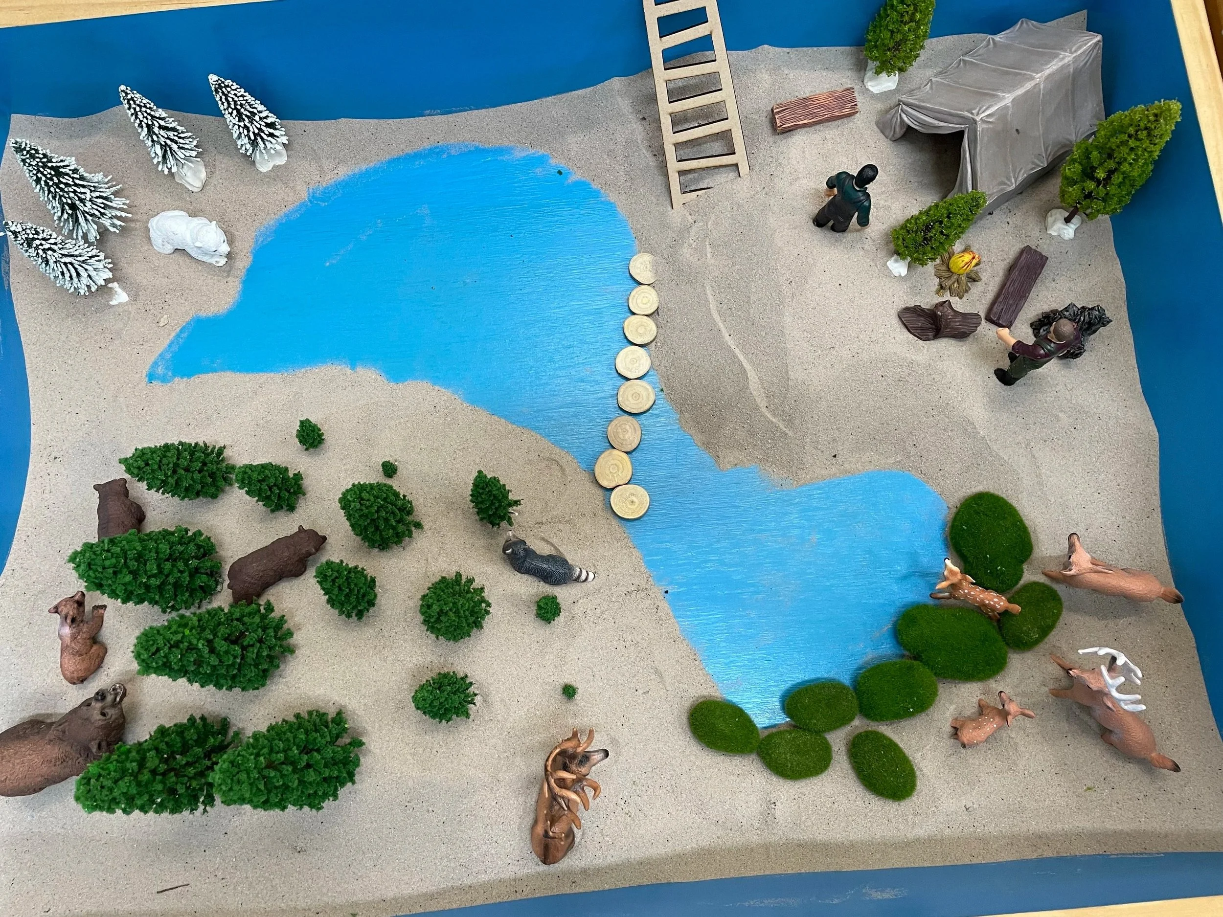 Miniature scene of a countryside with a lake, trees, animals, and two figures near a tent, with some wooden planks and a ladder. Sandtray therapy