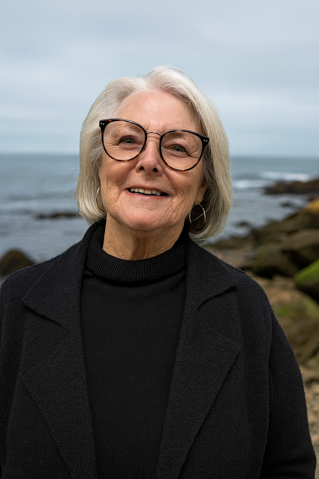 An elderly woman with gray hair, wearing glasses and large hoop earrings, smiling at the camera outdoors near water with rocks in the background.