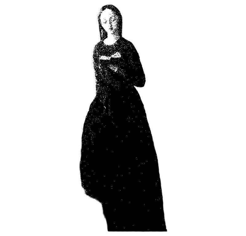 A black and white dot matrix style image of a woman standing with her hand near her chest, wearing a long dress.