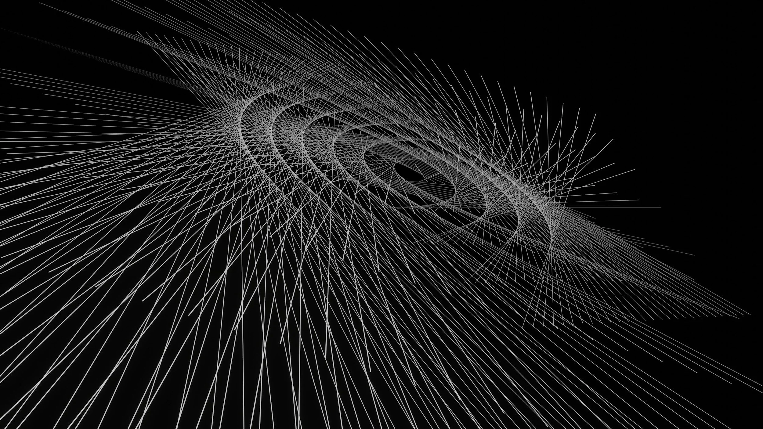 Abstract digital 3D wireframe spiral structure with white lines on black background.