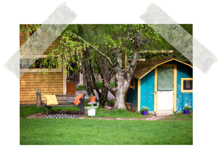 A backyard with a wooden house, a colorful blue shed, a tree, a bench with yellow and orange pillows, and potted plants.