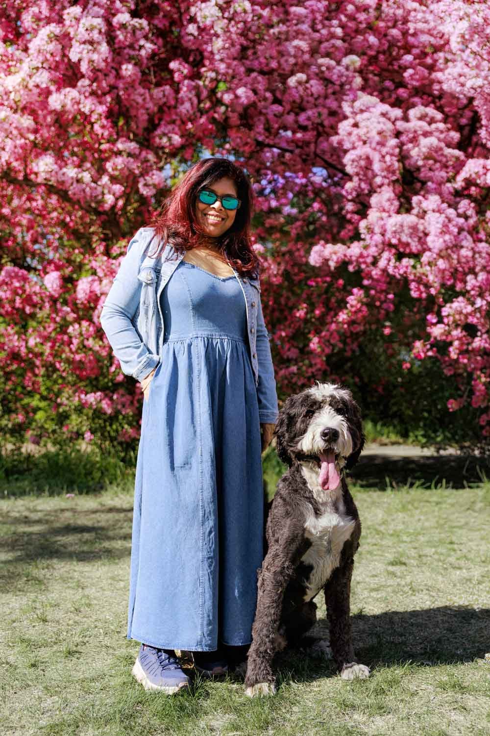 Dog portrait Dog Mom with spring flowers