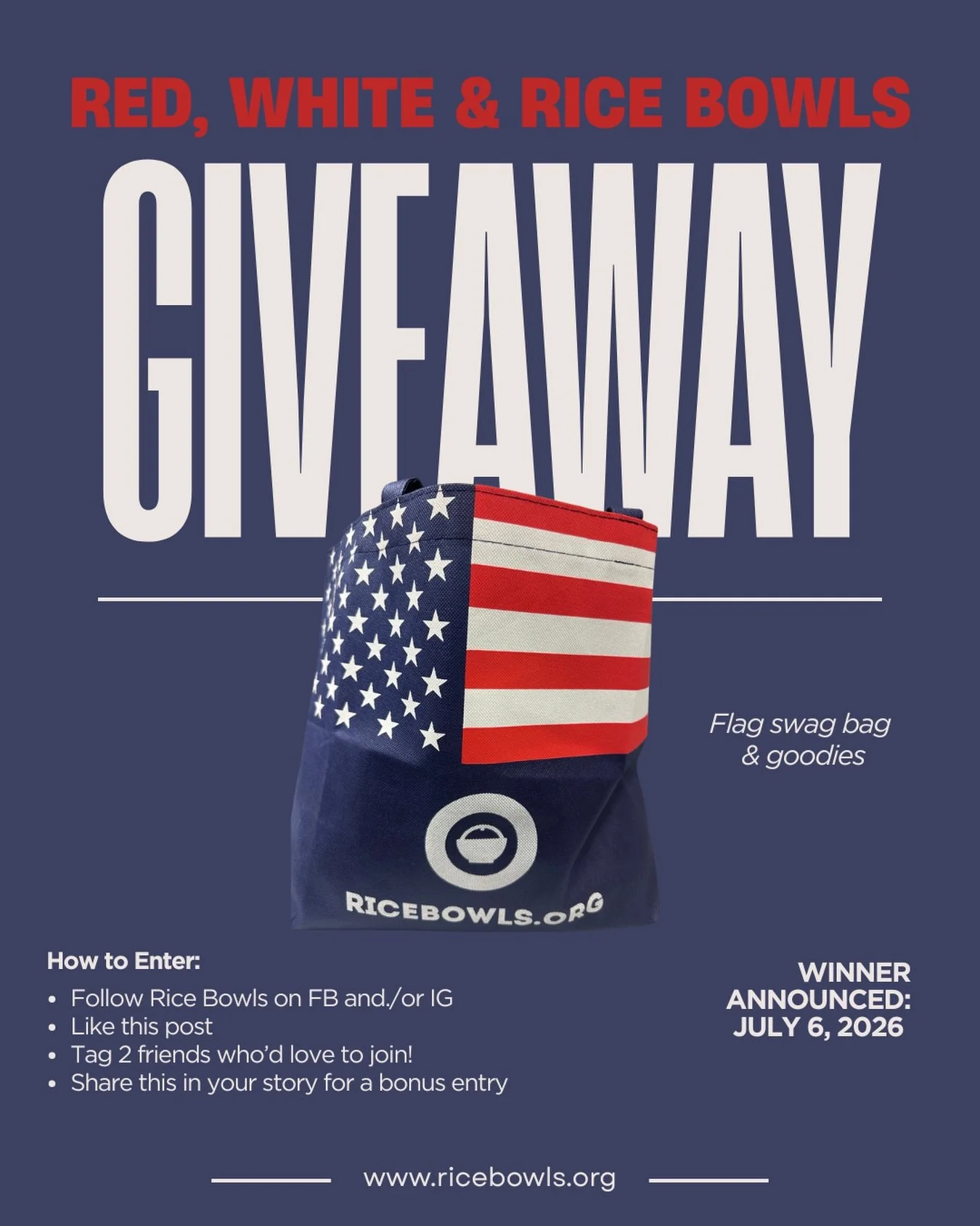 🇺🇸 RED, WHITE &amp; RICE BOWLS GIVEAWAY 🇺🇸

Celebrating 250 Years of America + Helping Feed Children Worldwide 

It&rsquo;s America&rsquo;s 250th birthday celebration&hellip; and we want to celebrate BIG with our Rice Bowls family!

We&rsquo;re g