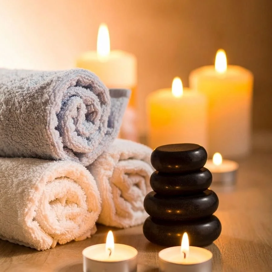 Rolled towels, black stones, and candles creating a peaceful spa setting at Siam Harmony for full body massage treatments.