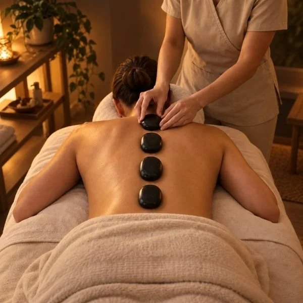 Hot stone massage therapy with smooth basalt stones placed on back at Siam Harmony