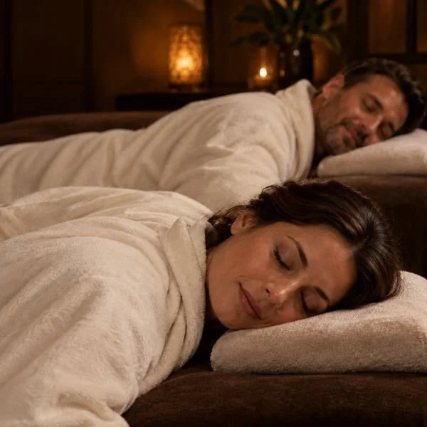 Couple relaxing side by side during a couples massage experience in a warmly lit Malahide treatment room.