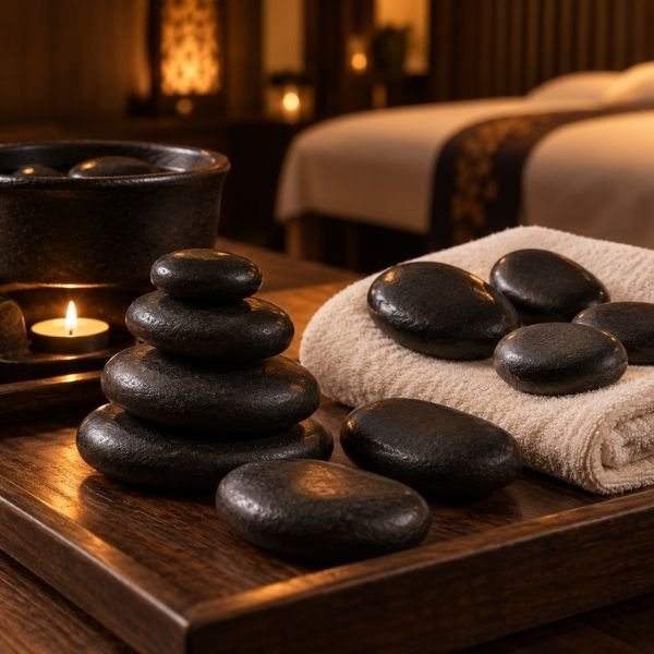 collection of hot stones used at Siam Harmony Malahide, Dublin
