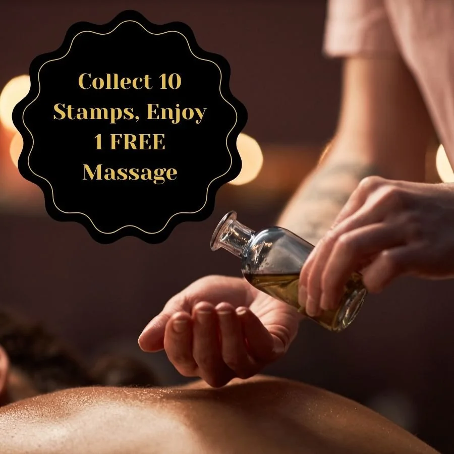 A person giving a massage while holding a small bottle of massage oil. An overlay text offers a promotion: 'Collect 10 Stamps, Enjoy 1 FREE Massage' at Siam Harmony Malahide.