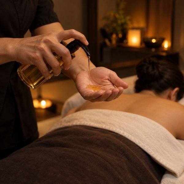 A person receiving a hot oil massage, with a therapist pouring oil onto their back.