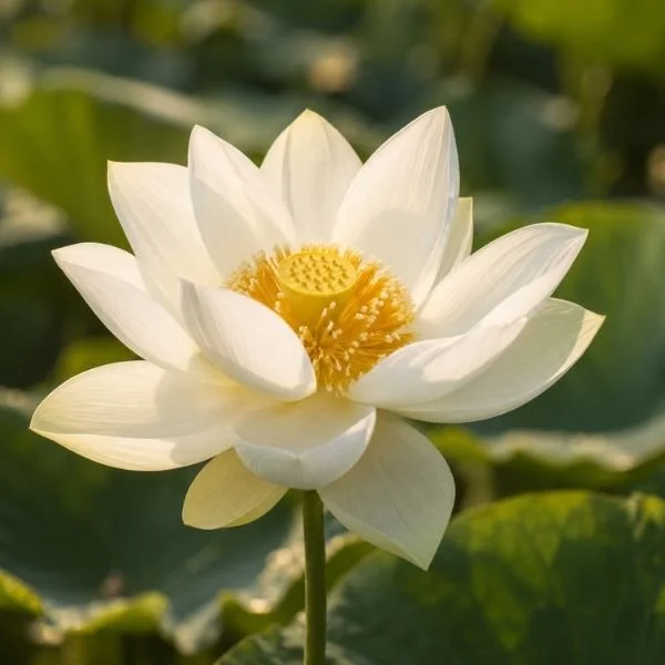 White lotus flower in warm sunlight, representing the therapist’s Thai heritage.