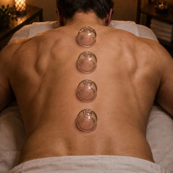 Cupping therapy on back promoting circulation and muscle recovery at Siam Harmony, Malahide, Dublin