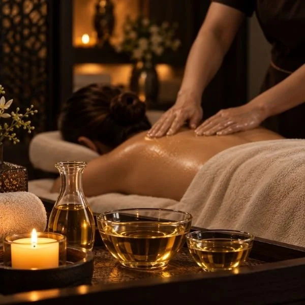 Hot oil massage using aromatic essential oils for relaxation at Siam Harmony