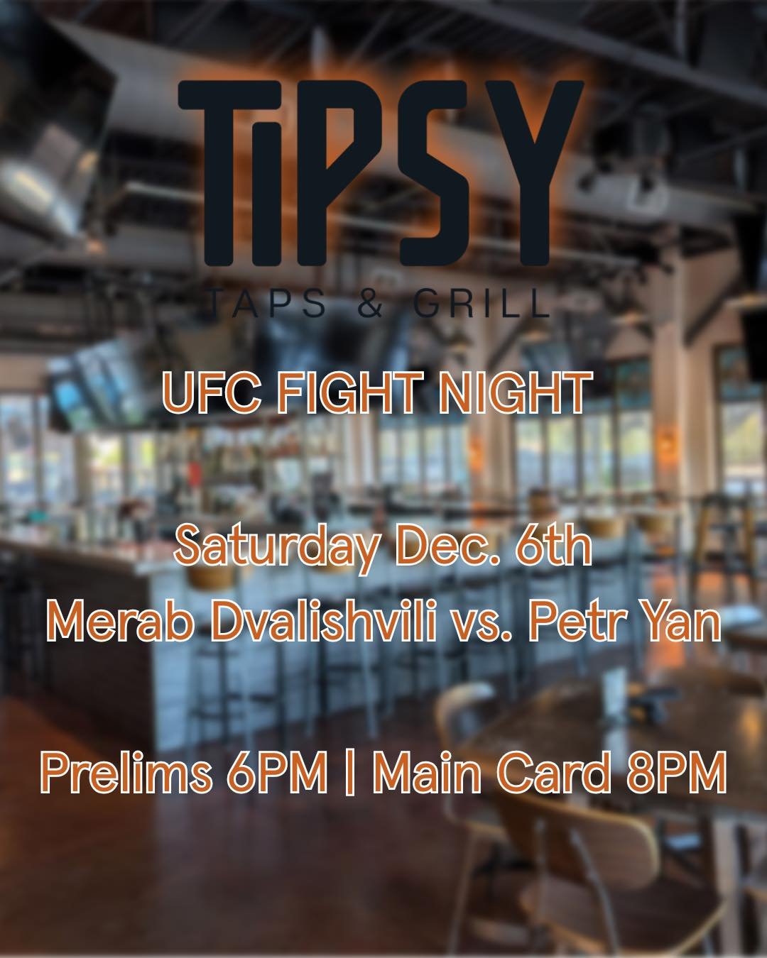 Merab vs. Yan &mdash; Watch It LIVE at The Tipsy Taps &amp; Grill 🔥

Tempe, it&rsquo;s time.

 One of the biggest rematches in UFC bantamweight history is going down &mdash; Merab Dvalishvili vs. Petr Yan 2 &mdash; and The Tipsy Taps &amp; Grill is 
