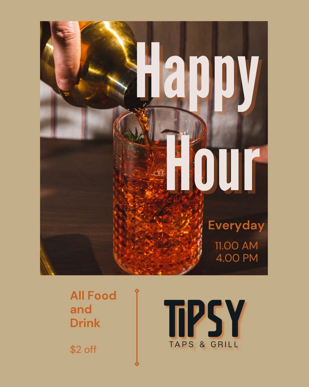 Your lunch break just got a glow-up.
 Happy Hour every day from 11&ndash;4 with $2 off all food and drinks.
 Pull up, clock out (mentally at least), and let your bartender take it from here.

 #HappyHourTempe #TempeDrinks #TempeEats #AZBars #LunchInT