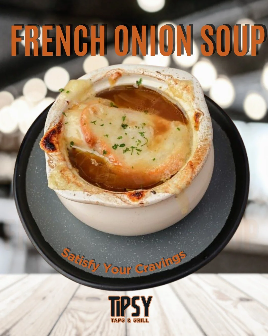 Slow-simmered, deeply savory, and finished the way it should be.
This isn&rsquo;t an afterthought soup,  it&rsquo;s comfort done with intention.
Grab a spoon and take your time.

#FrenchOnionDoneRight #TempeComfortFood #TipsyTapsGrill #SoupSeasonAZ #