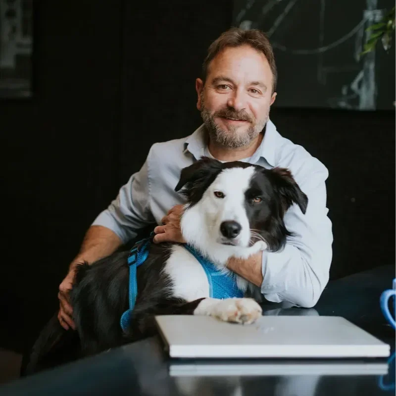 Alex, director of The Business Hive, with Bristol, Chief Distraction Officer