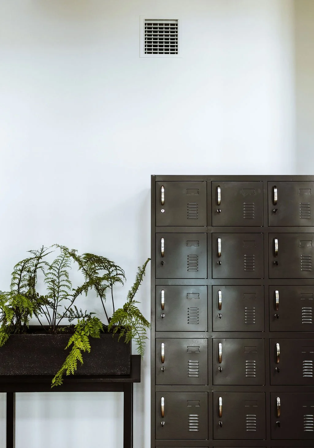 A row of black lockers and a potted fern plant on a black table in front of a plain white wall with an overhead vent.