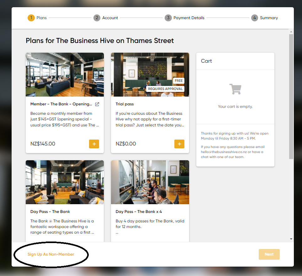 Screenshot of a membership sign-up page for The Business Hive on Thames Street, showing various membership plans and their prices, including a trial pass and day passes, with a sign-up button at the bottom and a cart section on the right.