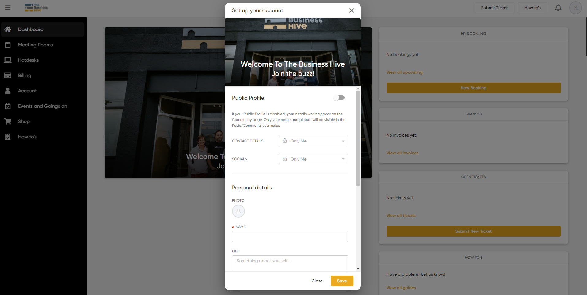 Screenshot of a user interface for The Business Hive platform showing a setup account pop-up window over a dashboard with a sidebar containing navigation options like Dashboard, Meeting Rooms, Hotdesks, Billing, Account, Events and G ons on, Shop, and How to's.