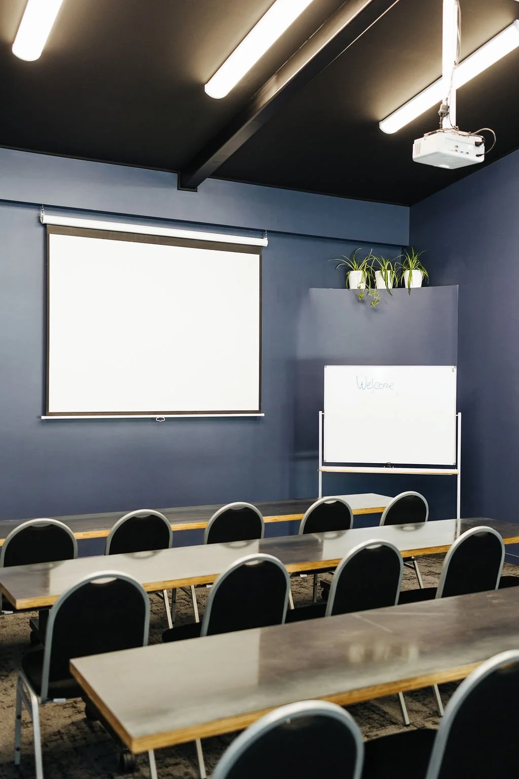 A meeting- and training room with blue walls, a white projector screen, a whiteboard with "Welcome" written on it, and a row of black chairs at tables. There are potted plants on a ledge above the whiteboard and a ceiling with fluorescent lights.