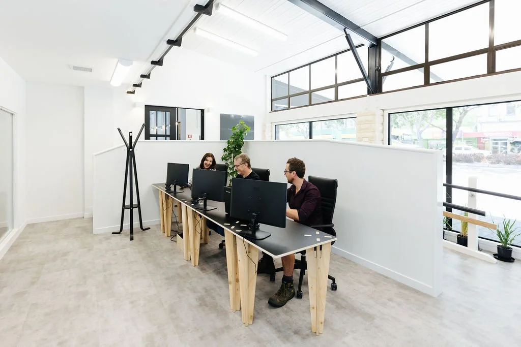 Three people working at desks with computers in a modern, bright space with large windows and minimal decor called The Race at The Business Hive coworking space.