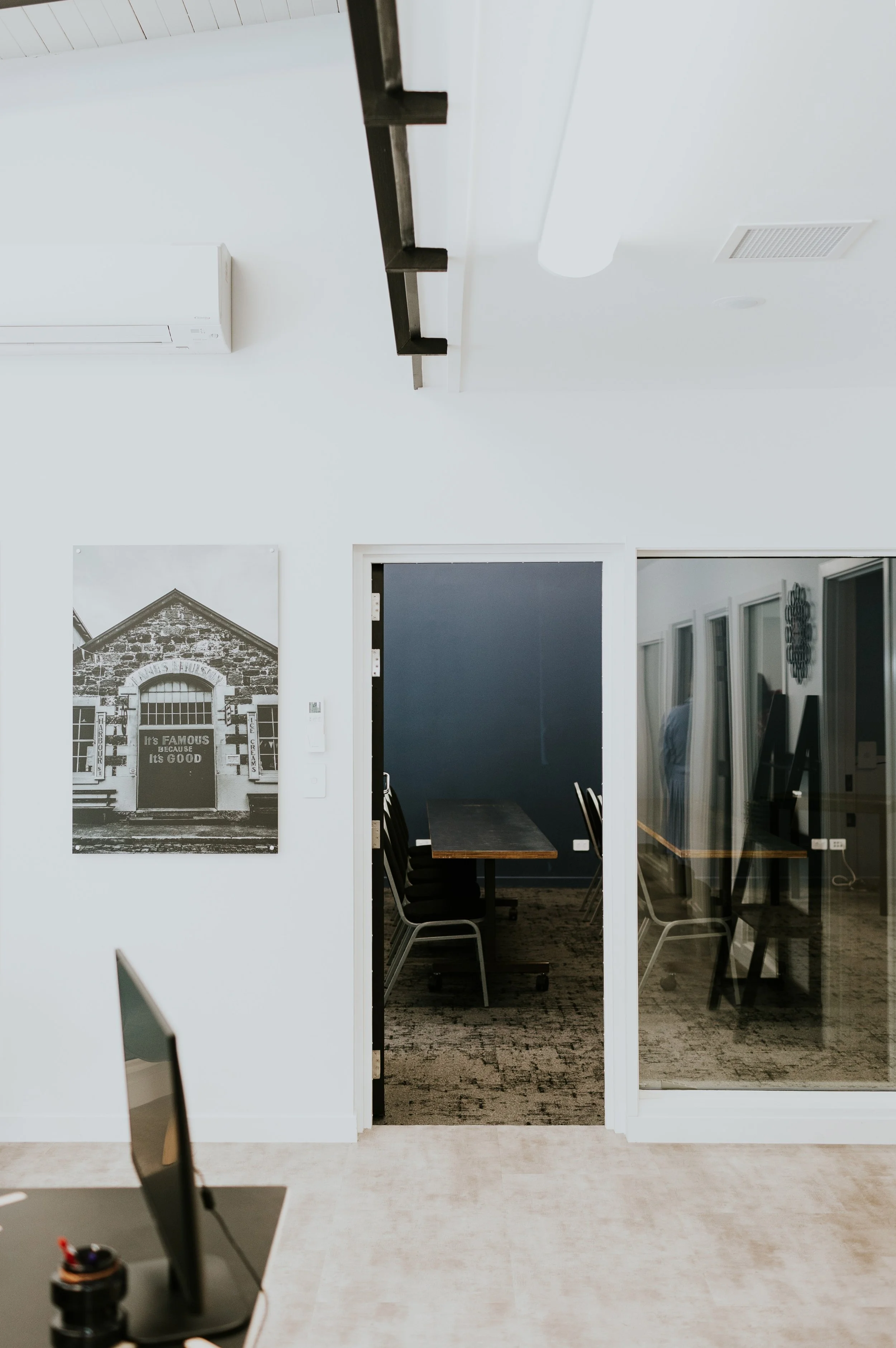 The Race, a quiet zone in The Business Hive coworking space. Looking through to The Farm, a larger training, meeting and workshop space.