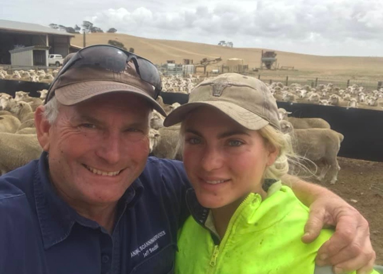 Enya and Jeff Southall, the scanners behind Animal Scanning Services. With scanned sheep in the background.