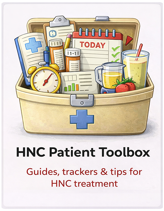 Illustration of a medical toolkit with medications, a clock, a notepad marked 'Today,' and healthy food items like a smoothie, juice, blueberries, and strawberries, representing tools and tips for managing HNC treatment.