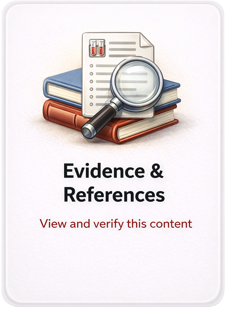 Illustration of a report, books, and a magnifying glass on top, with the text 'Evidence & References' and 'View and verify this content'.