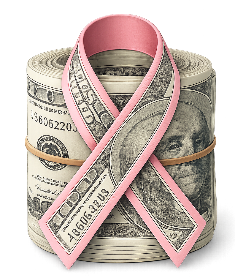 Rolled bundles of U.S. 100-dollar bills with a pink ribbon shaped like a dollar bill tied around them, symbolizing cancer research and fundraising.