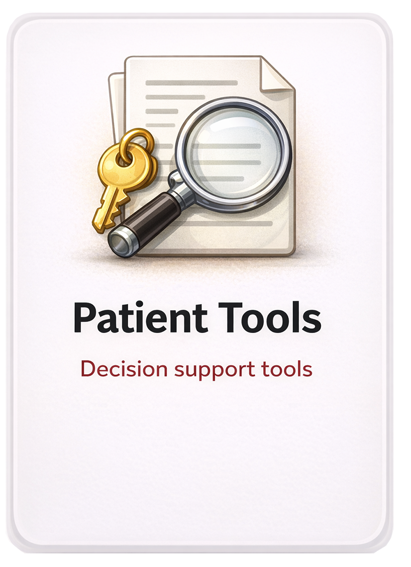 Cover of a booklet titled "Patient Tools" with a magnifying glass, a gold key, and documents on the cover.