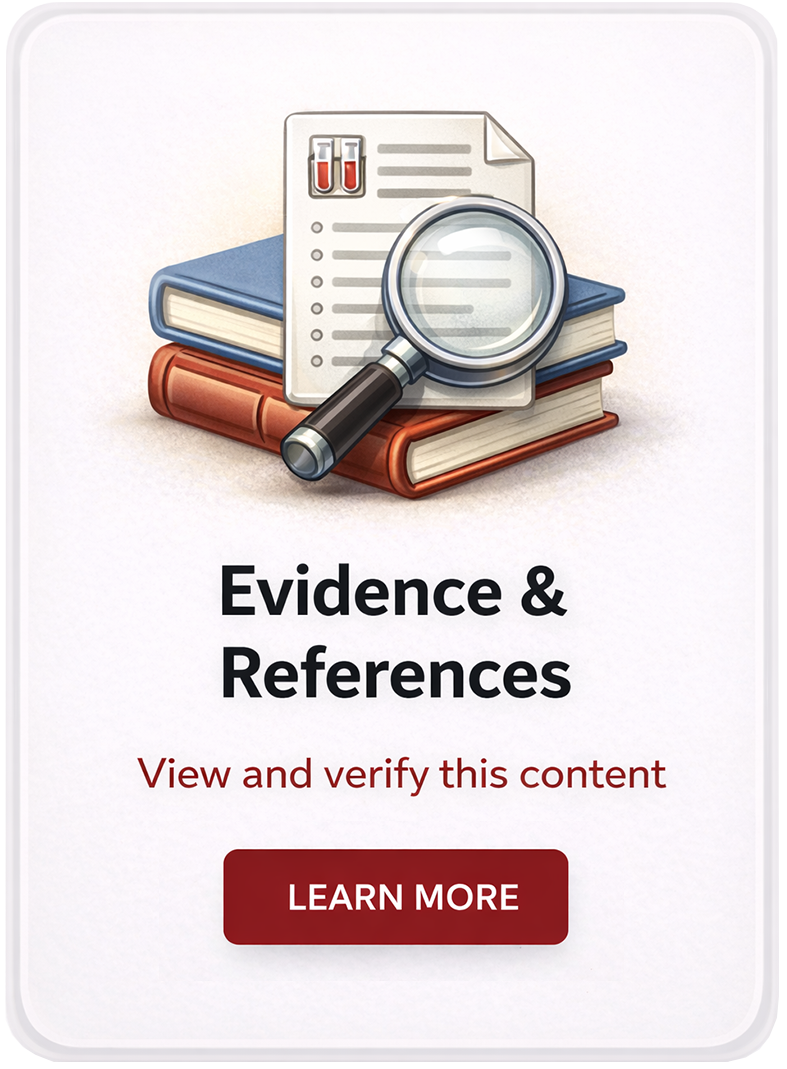 Illustration of books, a document with test tubes, and a magnifying glass, representing evidence and references, with a call-to-action button labeled "Learn More."