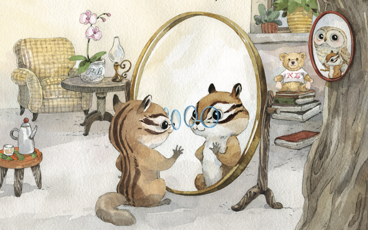 A cute illustration of arlo the squirrel looking at itself in a mirror. Arlo is wearing glasses and is sitting in a cozy room with furniture, decorative items, and a bookshelf with stuffed animals and pictures.