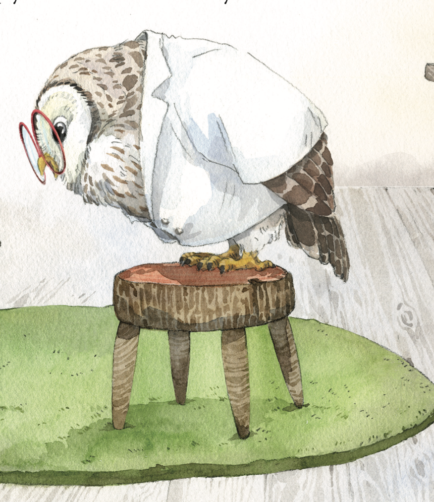 An owl wearing glasses and a white shirt, sitting on a small wooden table with a green rug underneath.