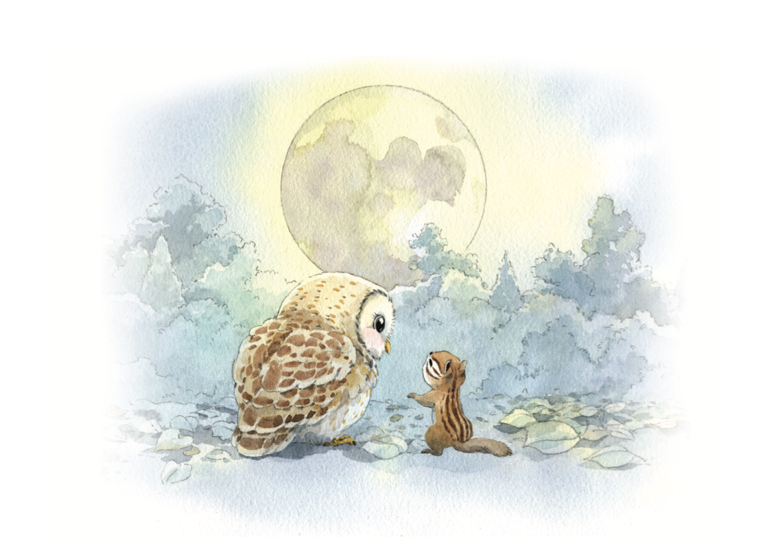 A watercolor illustration of a small owl and a arlo the squirrel under a full moon with clouds, on rocky ground.