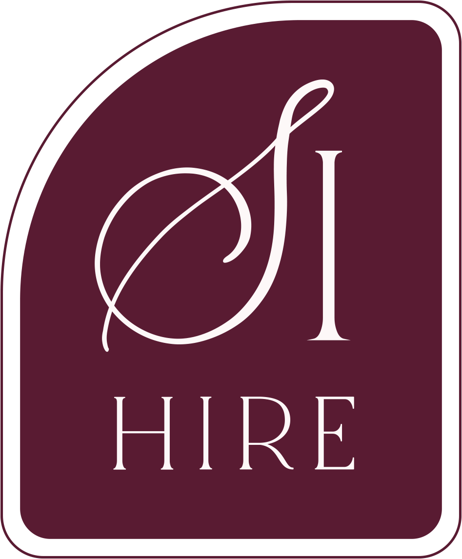 Elegant logo with cursive 'S' and serif 'I' on a maroon background, with the words 'HIRE' below.