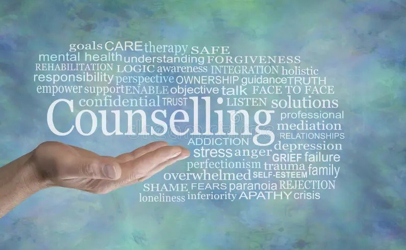 A hand pointing to the word "Counselling" amidst a cloud of related mental health terms like stress, anger, trauma, grief, and family on a blue and green watercolor background.