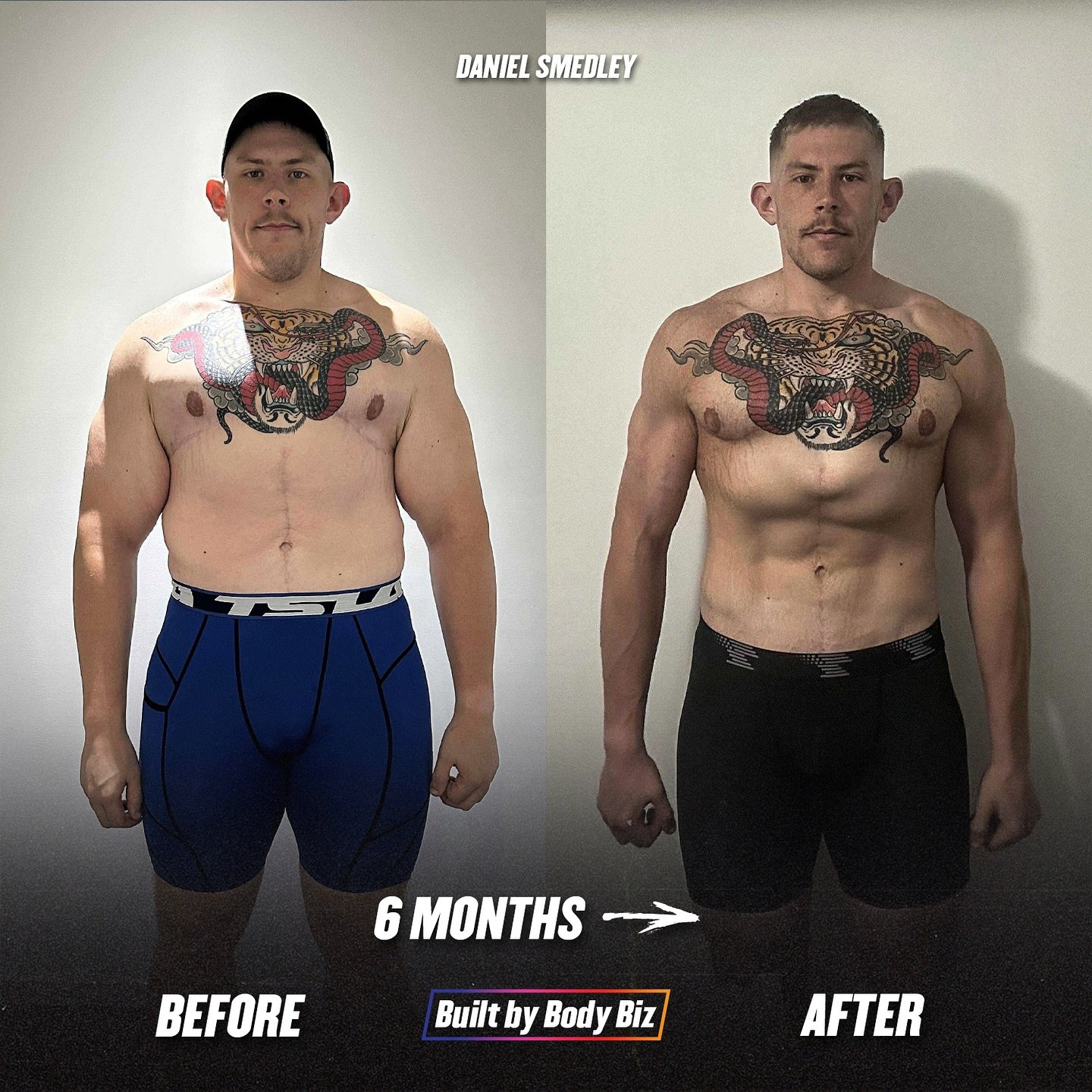 8 months. 25.5kg down. Waist 110cm &rarr; 86.5cm.

Since joining Body Biz in January at 142.5kg Daniel is a professional wrestler who has dropped to 117kg and is now in the best shape of his life. This is even more impressive considering he tore his 