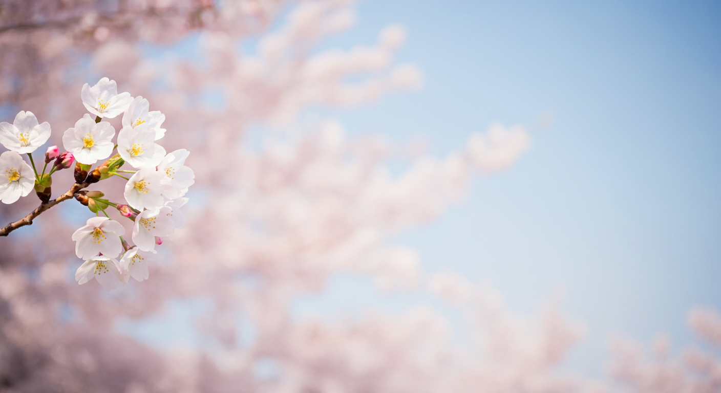 Close-up of cherry blossom flowers on a branch against a blurred background of more cherry blossoms and blue sky.