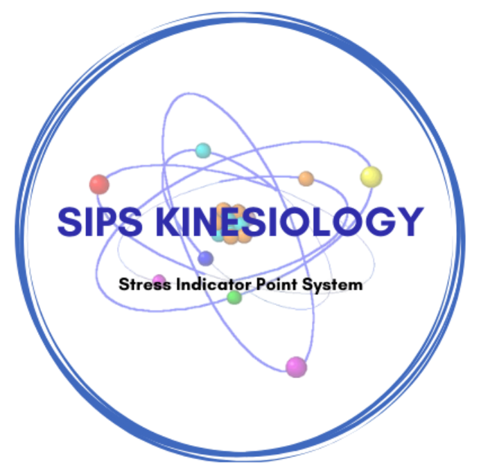 Cover image with atomic model illustration, text 'SIPS KINESIOLOGY' in bold blue and orange, and subtitle 'Stress Indicator Point System' on a white background with blue circular border.