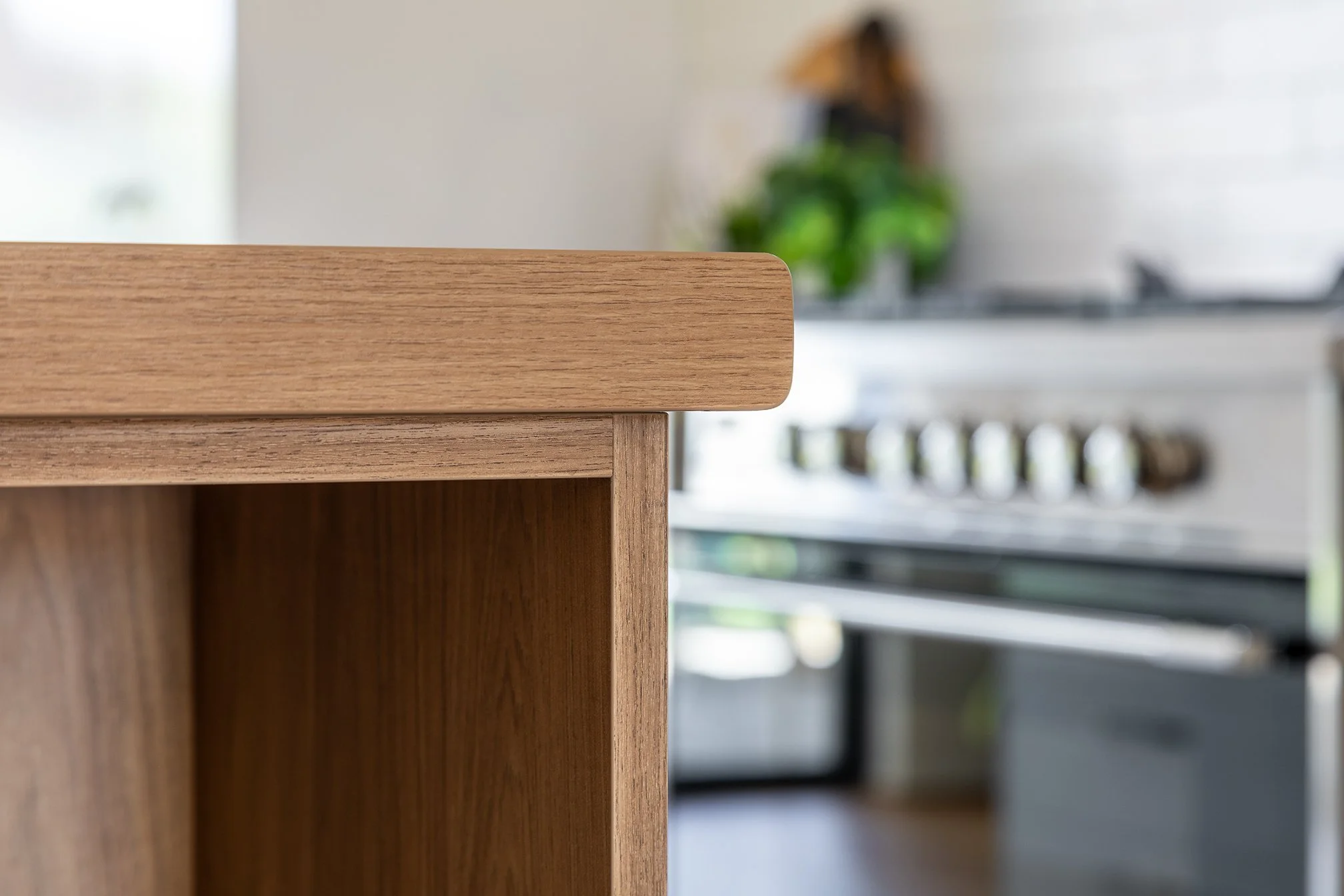 Close-up of a wooden kitchen countertop and cabinet with a stove and green plant in the background.