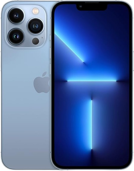 A blue iPhone with a large screen and triple-camera system on the back, shown from the front and back sides.