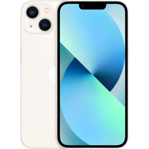 Front and back view of a white iPhone with a triple-camera setup