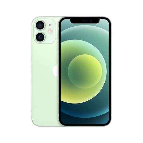 Mint green iPhone 12 with dual cameras and a green and blue abstract wallpaper on the screen