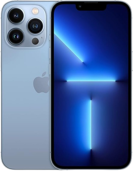 A new iPhone 13 with blue back and triple camera system, alongside its display showing a blue abstract wallpaper.